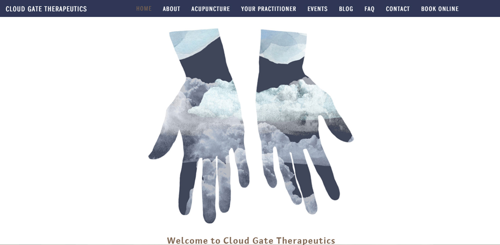 Cloudgate Therapeutics website landing page, with blue hands colored with clouds, palms up.