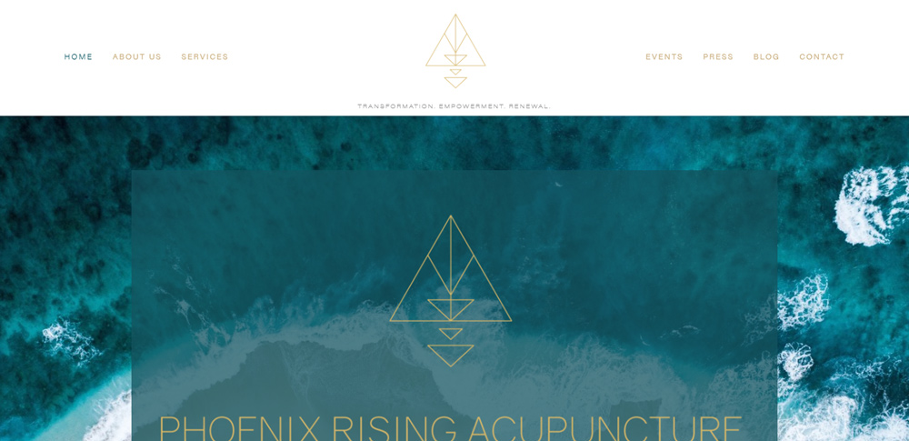 Pheonix Rising Acupuncture website landing page, with teal shades blending into one another and gold text and accents.