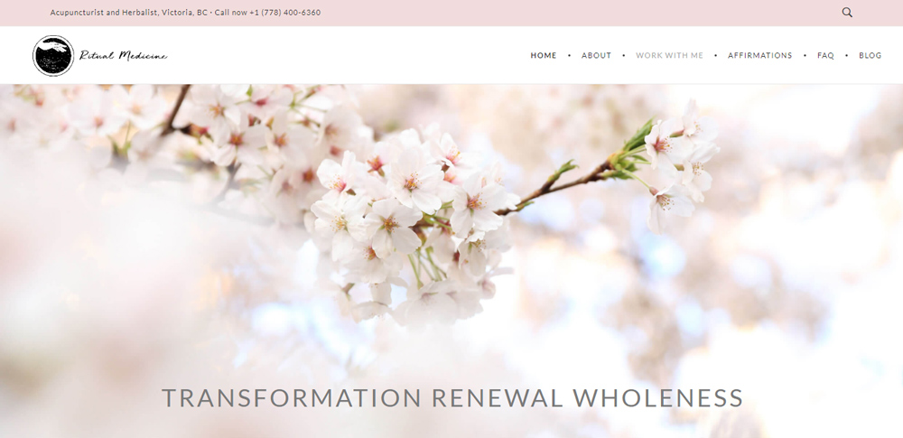 Ritual Medicine website landing page with pink cherry blossoms.