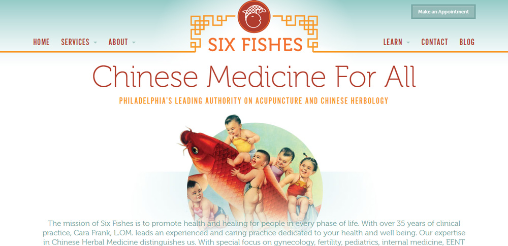 Six Fishes Philadelphia Acupuncture website landing page. The landing page is unique, with turquoise and red and orange colors. The imagery is five Asian children taming a large golden fish, presumably a goldfish. It's fun and kitschy.