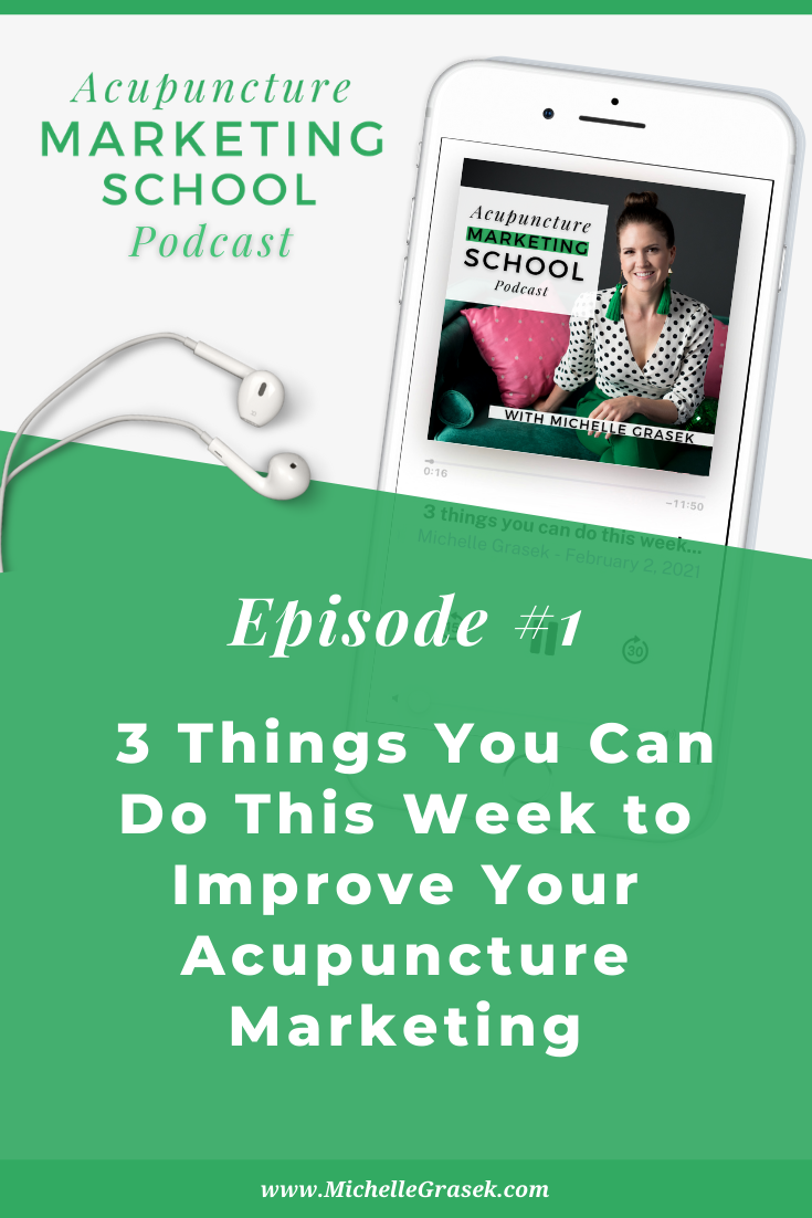 Image of an iPhone with Podcast app showing Acupuncture Marketing School Podcast Episode 1: 3 Things You Can Do This Week to Improve Your Marketing